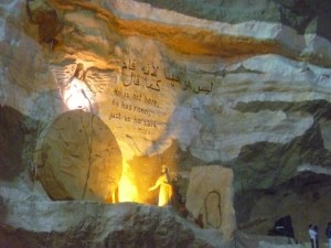 Throughout the area stone carvings illustrate Biblical scenes. This one overlooks those worshiping.