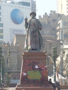 The celebrated statue of Omar Makram had a new round of graffiti.