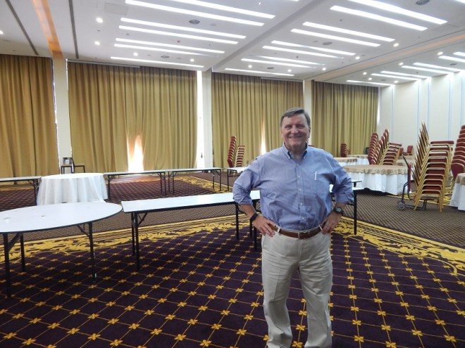 Jim Burgess, pastor of the Fellowship of the Emirates, inside the not-yet-set-up church hall.